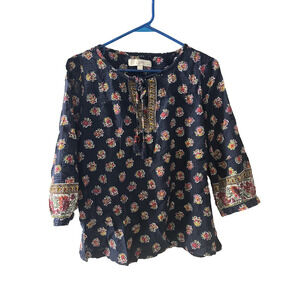 Bloom Split Neck Blouse Floral Boho Peasant Tassel Loft Flowy Fit Forever Navy